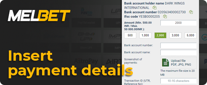 Enter the amount and payment details for depositing in your Melbet account